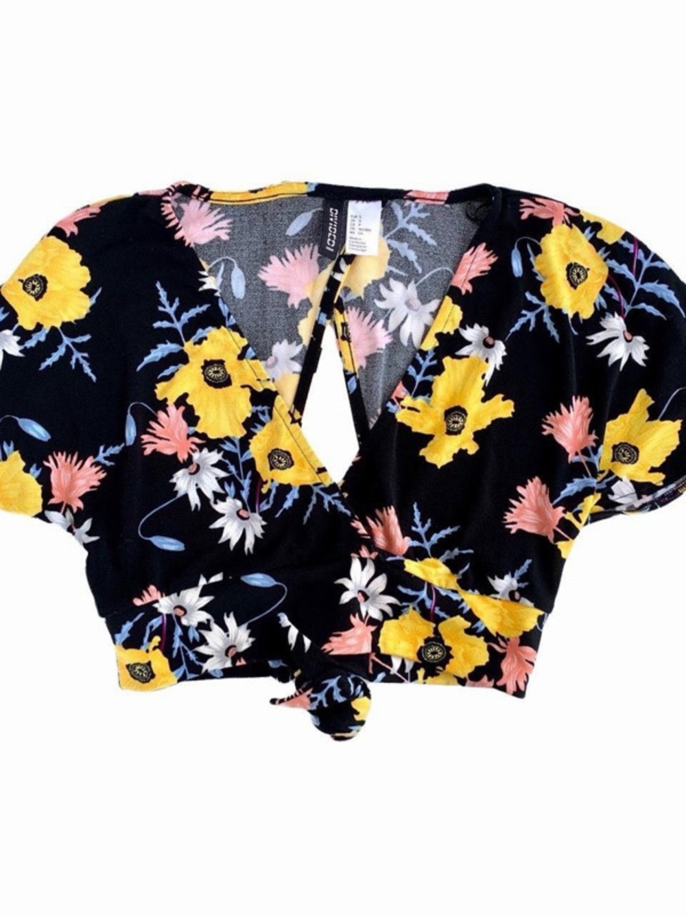 Black Floral Tie-Front Crop Top - Yellow & Pink Flowers
